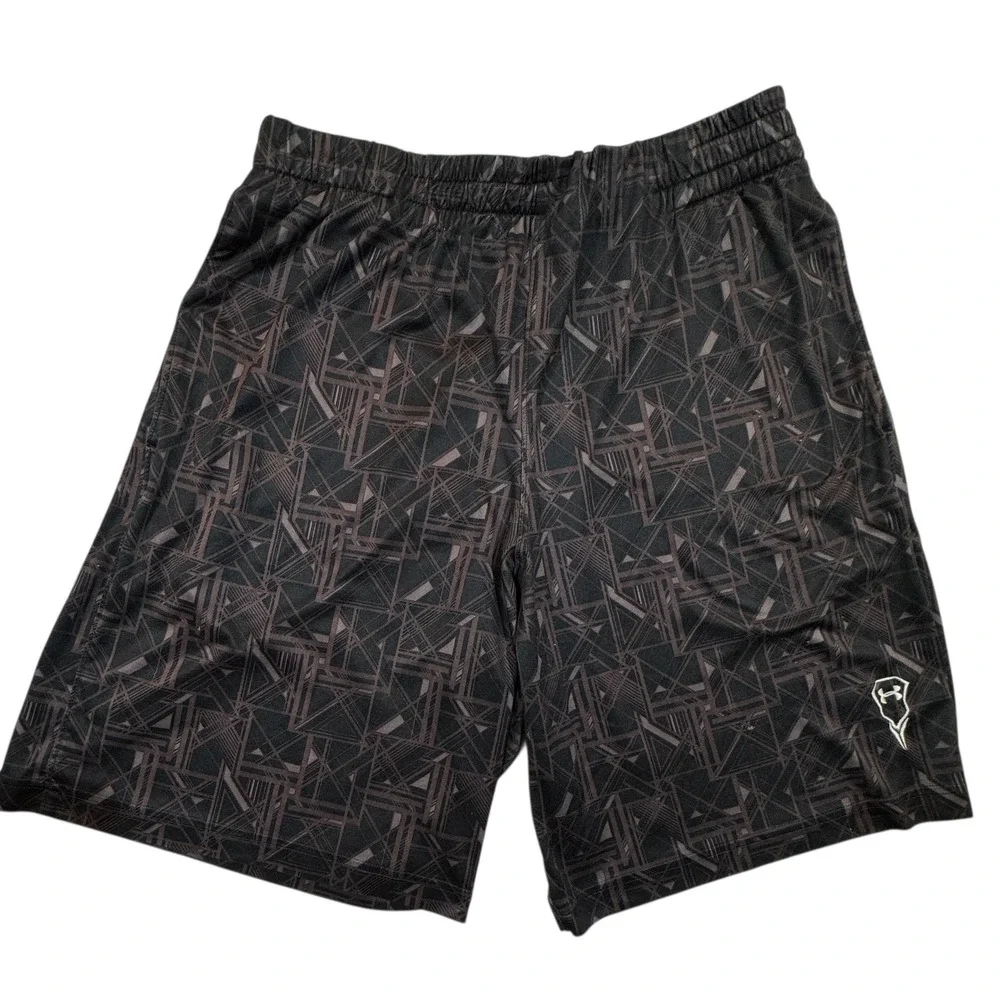 Under Armour Athletic Shorts Men's Large Black Geometric Print Loose Fit Retro